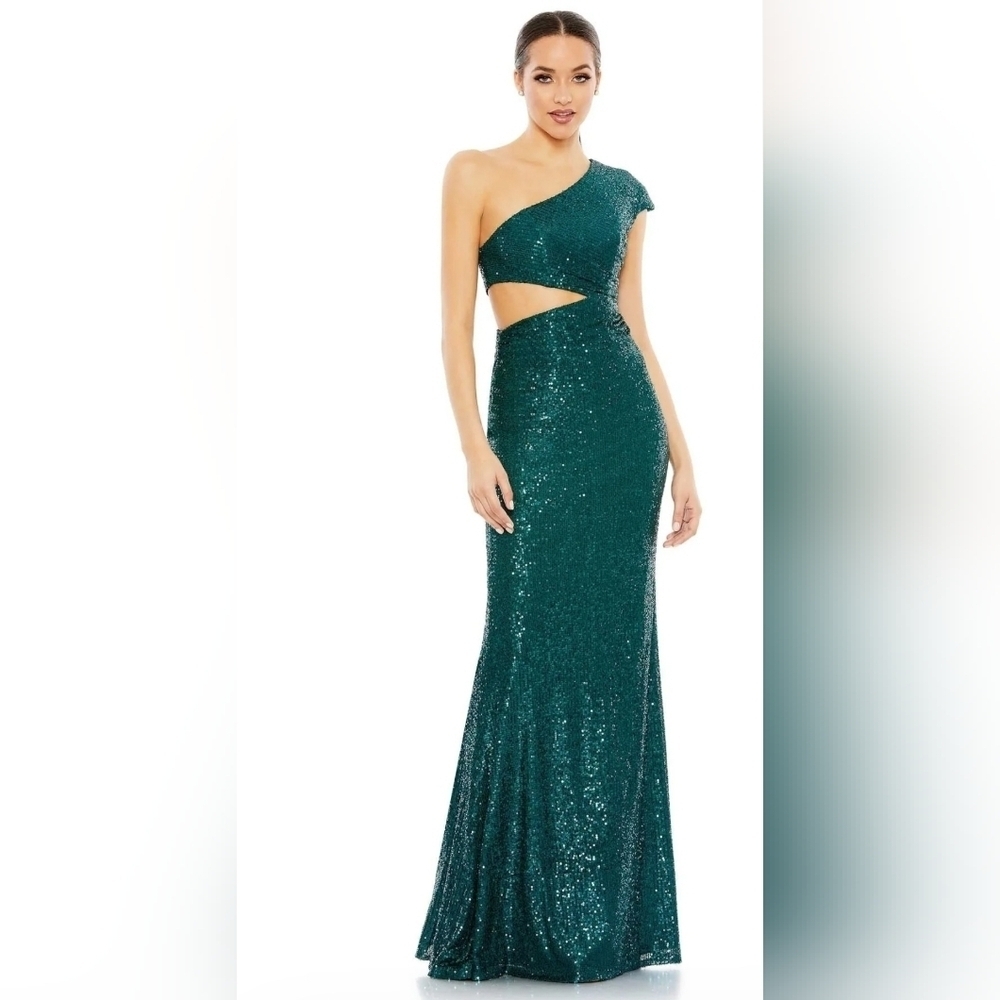 NWT! Ieena for Mac Duggal Cutout Waist One Shoulder Dress,Teal ,Size 2,MSRP $398